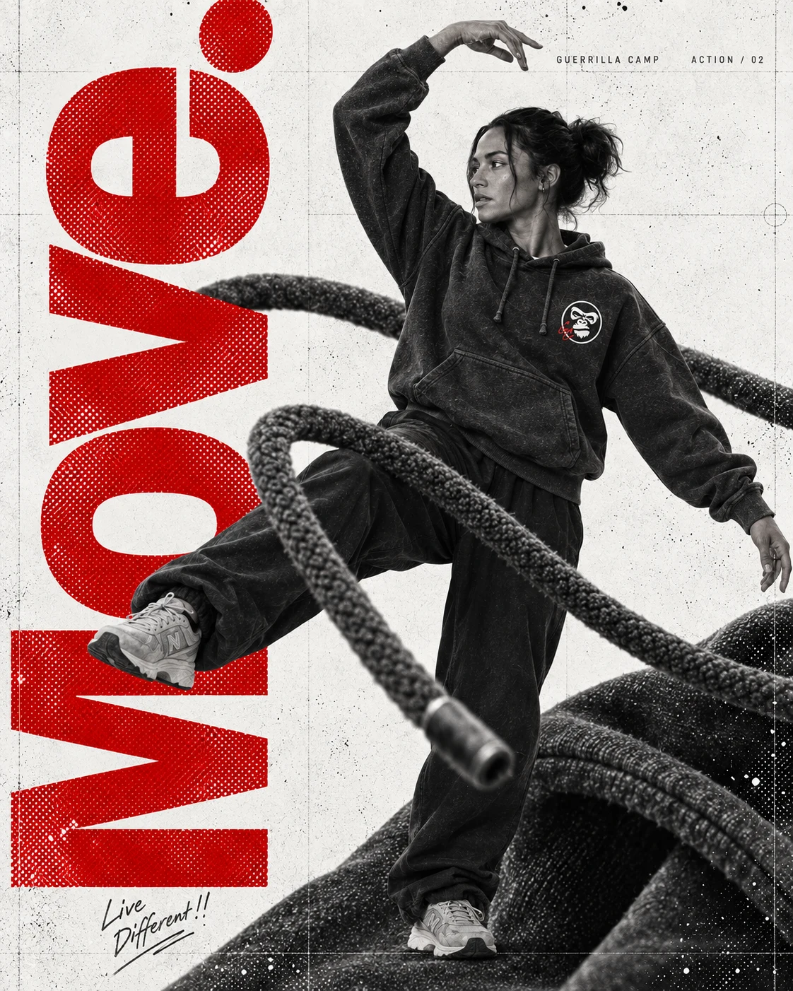 An adult dancer wearing the GC Hoodie, with vertical red Move typography and oversized drawcords.