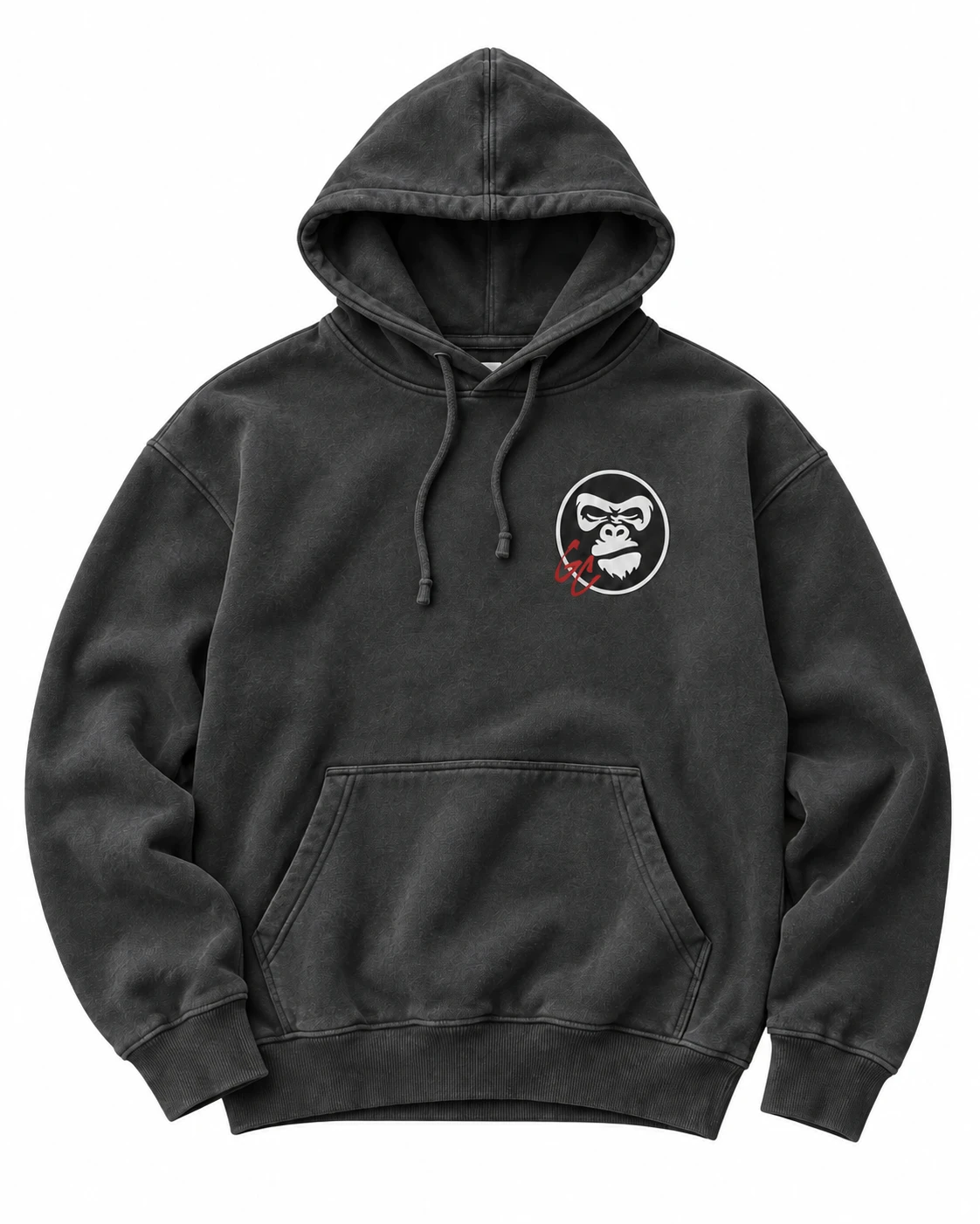 Charcoal GC Hoodie with the white gorilla and red GC chest mark